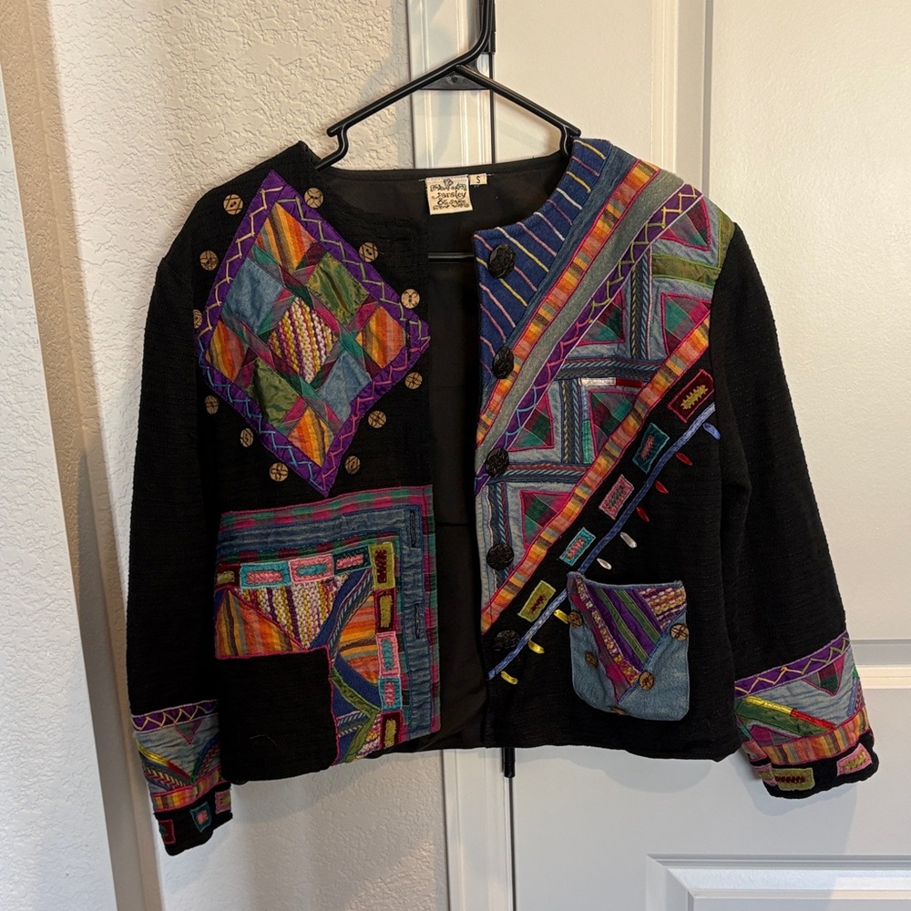 Parsley & Sage Sz S Mixed Media Art-to-Wear Patchwork Embroidery Jacket Blazer